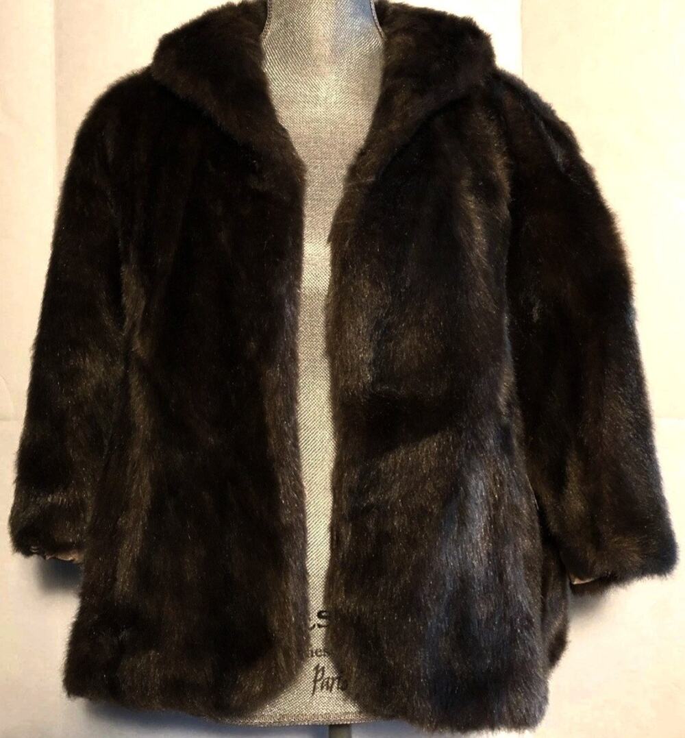 Vintage SEARS FASHION Faux Fur Wrap Cape Coat Medium No sz tag Pockets